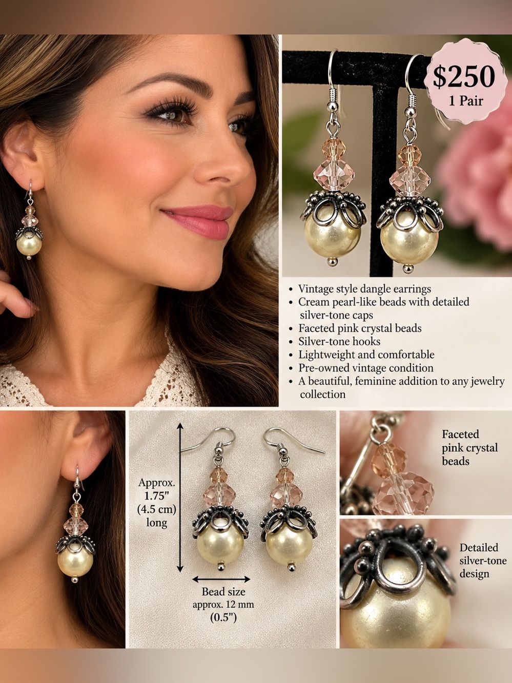 Sterling silver pearl and pink drop earrings with crystal accents